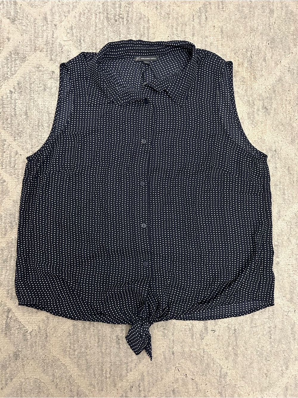 Adrianna Papell Navy Polka Dot Tie-Front Sleeveless Top